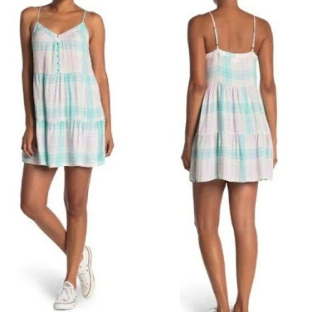 Abound Juniors New Size S‎ Mini Sun Dress Sleeveless Teal Pink Adley Plaid